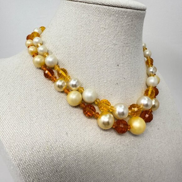Vintage Beaded Choker Necklace Imitation Pearls Orange Faceted Mid-Century - Picture 2 of 6